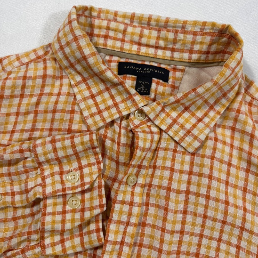 Banana Republic Classic Men's XL Orange White Check 100% Linen Shirt